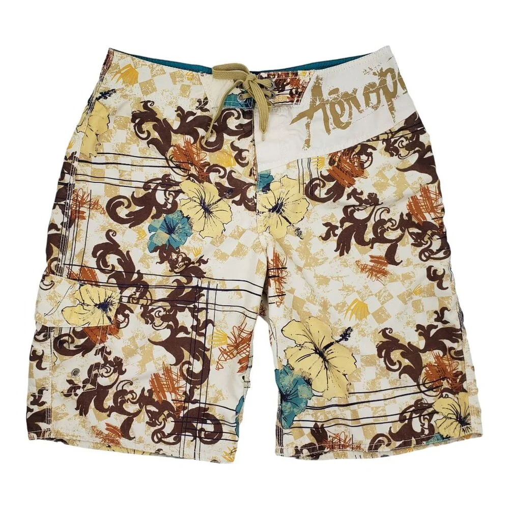 Aeropostale Aero Surf Board Shorts Swim Trunks Tropical Hawaiian Tan Mens Size M